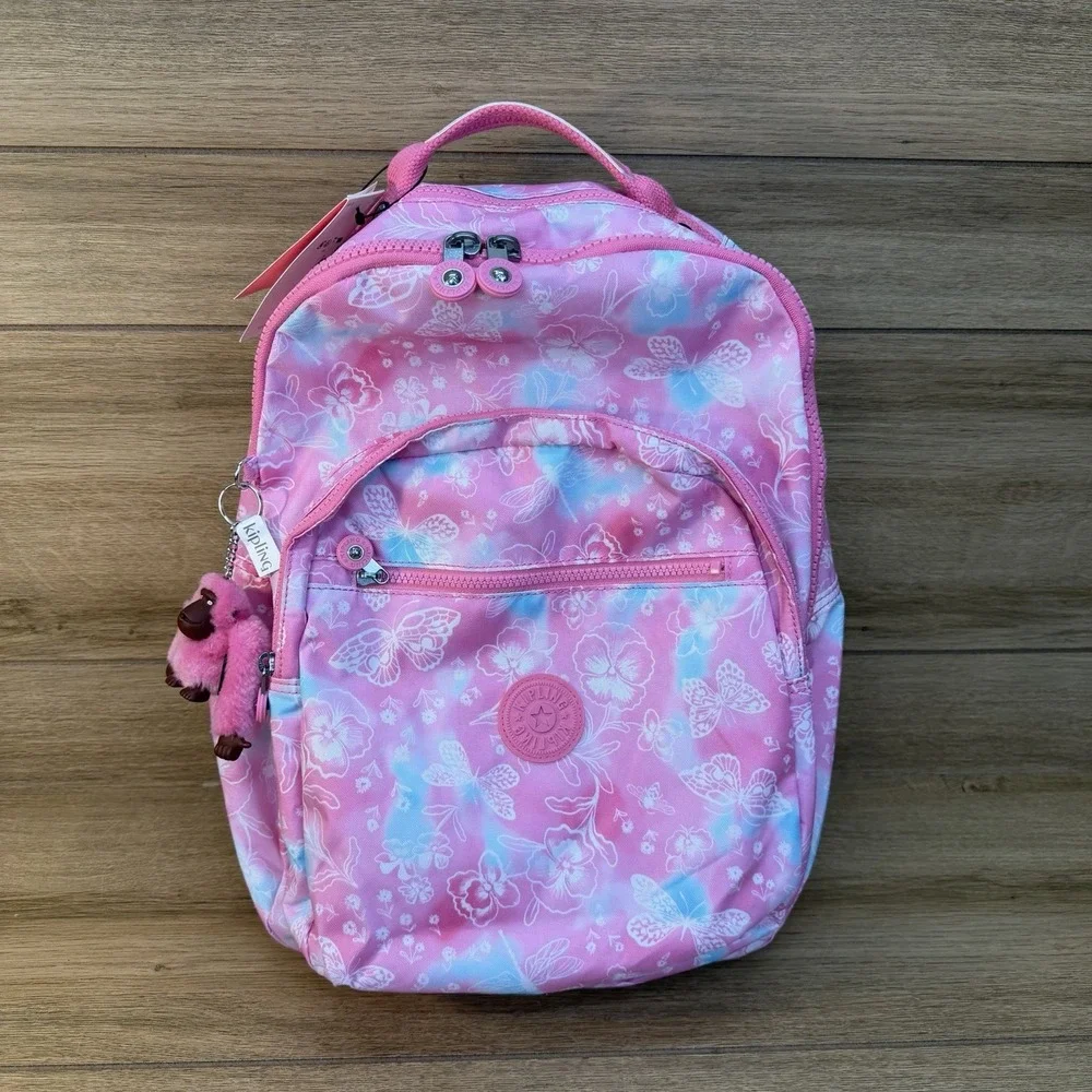 Kipling Backpack Pink Color Print Laptop Bookbag School Large NEW Seoul